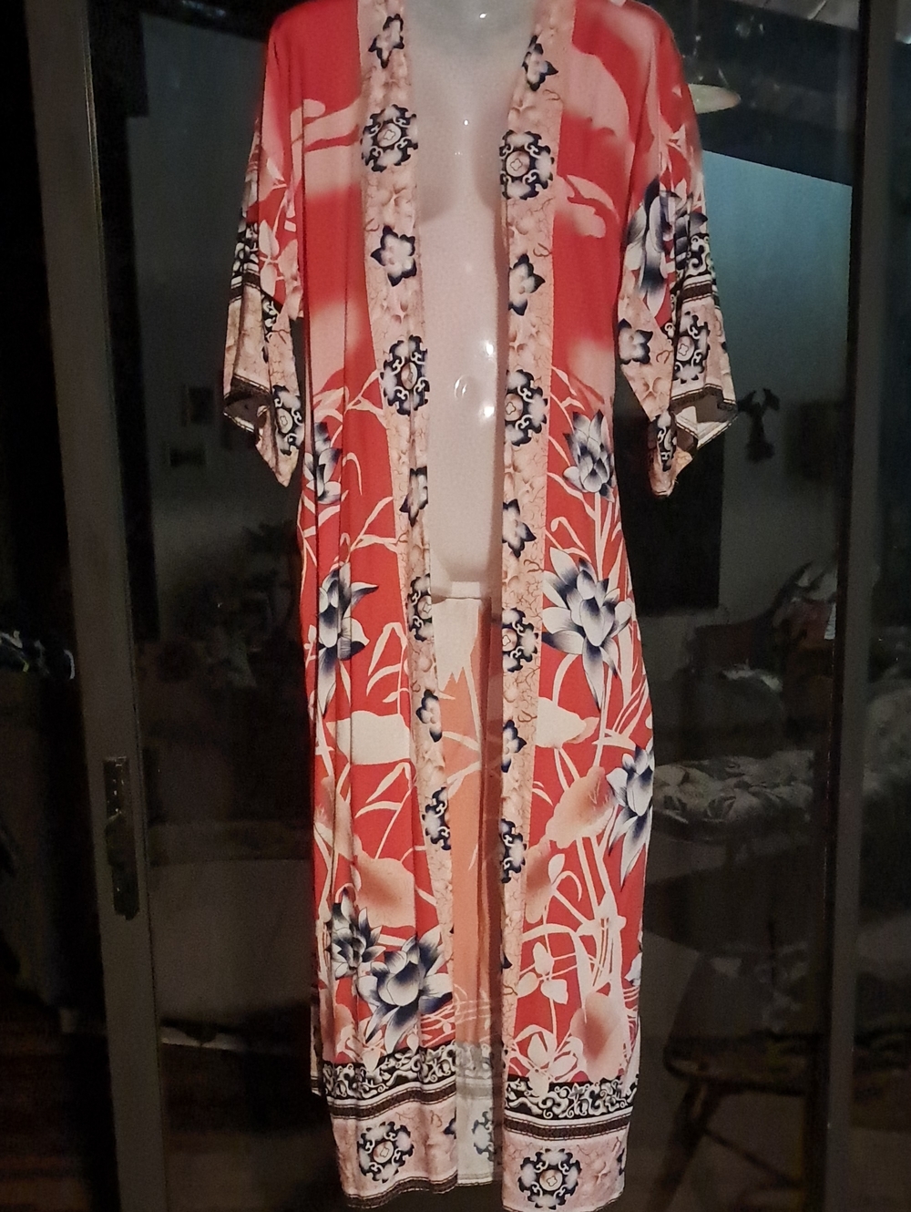 Floral Print Open Front Light Weight Kimono Robe in Coral
